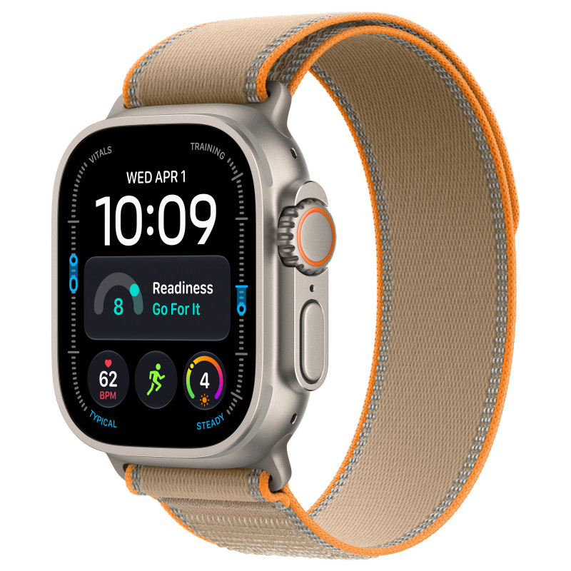 Apple Watch Ultra 4 GPS + Cellular 49 mm inteligentné hodinky, puzdro z prírodného titánu, remienok Trail Loop v pieskovej farbe, S/M, MJAJ4QF/A