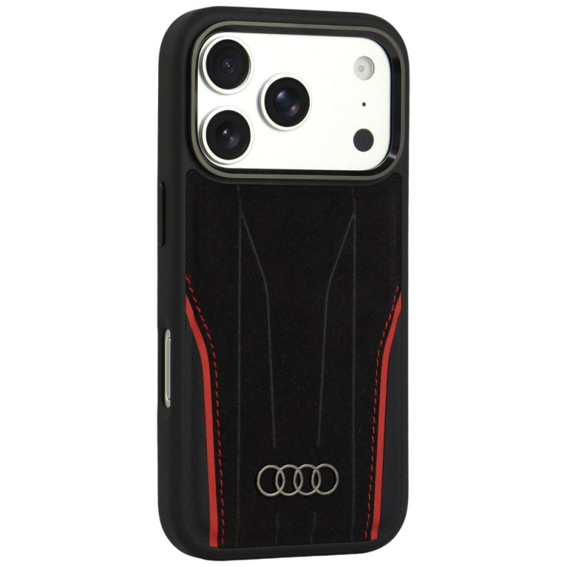 Puzdro Audi R8 Genuine Leather MagSafe z pravej kože pre iPhone 18 Pro / 17 Pro, čierno-červené (AUDI000239)
