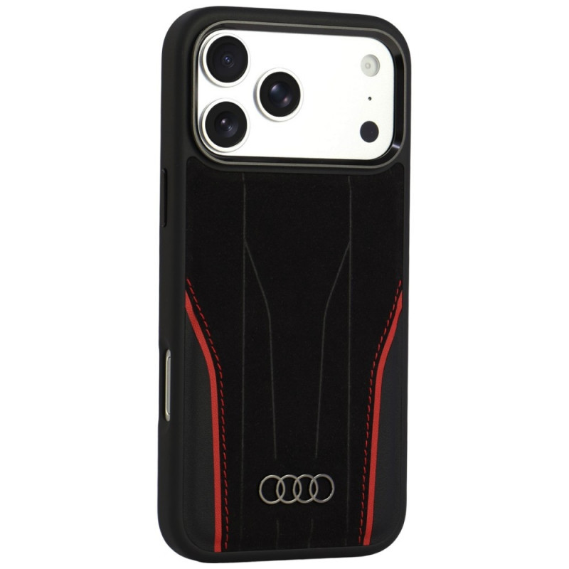 Puzdro Audi R8 Genuine Leather MagSafe z pravej kože pre iPhone 18 Pro Max / 17 Pro Max, čierno-červené (AUDI000240)