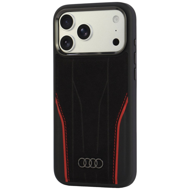 Puzdro Audi R8 Genuine Leather MagSafe z pravej kože pre iPhone 18 Pro Max / 17 Pro Max, čierno-červené (AUDI000240)