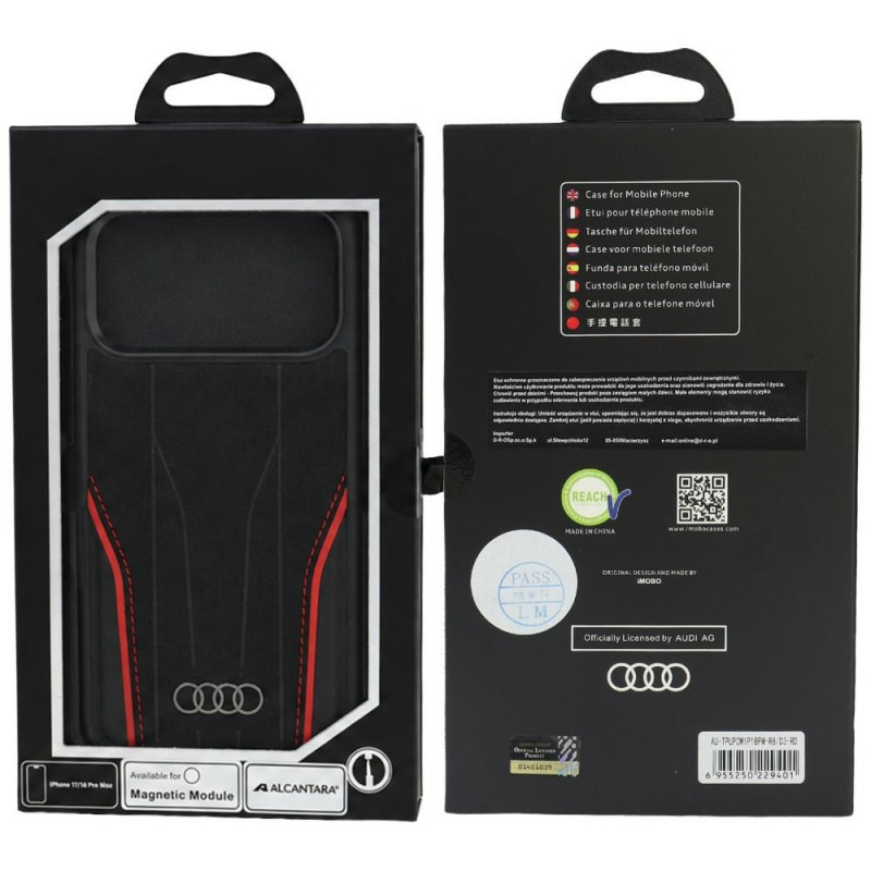 Puzdro Audi R8 Genuine Leather MagSafe z pravej kože pre iPhone 18 Pro Max / 17 Pro Max, čierno-červené (AUDI000240)