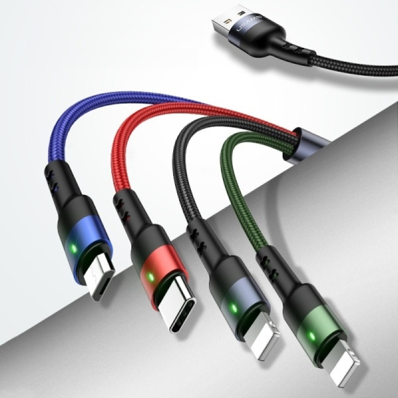USAMS U26 SJ413USB01 (US-SJ413) pletený nylonový kábel 4 v 1, 3 m, 2 A (2x Lightning/microUSB/USB-C)