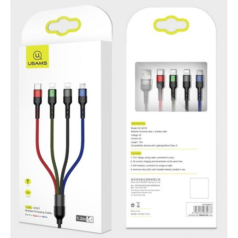 USAMS U26 SJ413USB01 (US-SJ413) pletený nylonový kábel 4 v 1, 3 m, 2 A (2x Lightning/microUSB/USB-C)