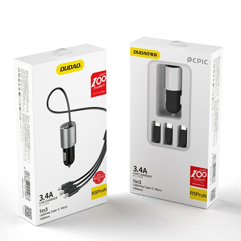 Dudao R5ProN autonabíjačka s vstavaným káblom 3 v 1 (Lightning / USB-C / micro USB), 3,4 A, 1 m, čierna