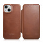 iCarer CE Oil Wax Premium Leather Folio Case magnetické knižkové puzdro pre iPhone 14 Plus, MagSafe, hnedé (AKI14220707-BN)
