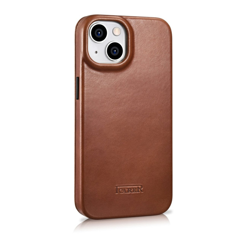 iCarer CE Oil Wax Premium Leather Folio Case magnetické knižkové puzdro pre iPhone 14 Plus, MagSafe, hnedé (AKI14220707-BN)