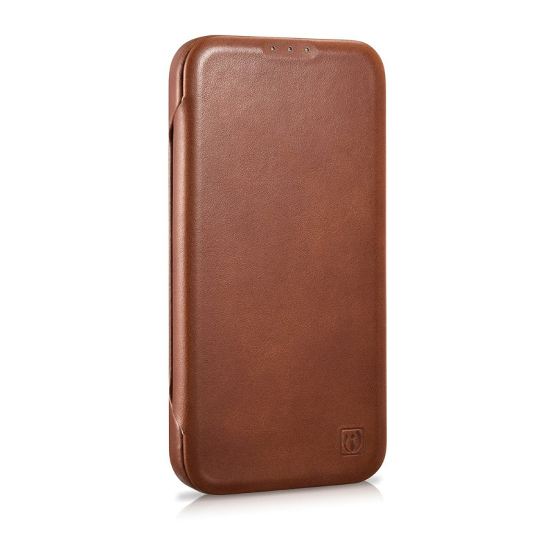 iCarer CE Oil Wax Premium Leather Folio Case magnetické knižkové puzdro pre iPhone 14 Plus, MagSafe, hnedé (AKI14220707-BN)