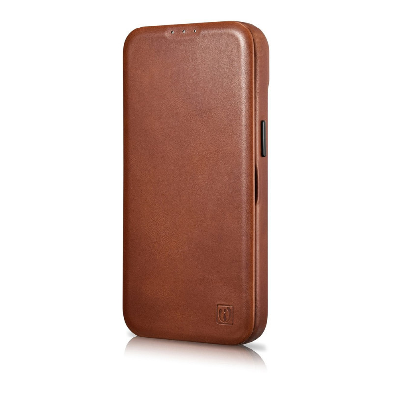 iCarer CE Oil Wax Premium Leather Folio Case magnetické knižkové puzdro pre iPhone 14 Plus, MagSafe, hnedé (AKI14220707-BN)