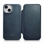 iCarer CE Oil Wax Premium Leather Folio Case magnetické knižkové puzdro pre iPhone 14 Plus, MagSafe, modré (AKI14220707-BU)