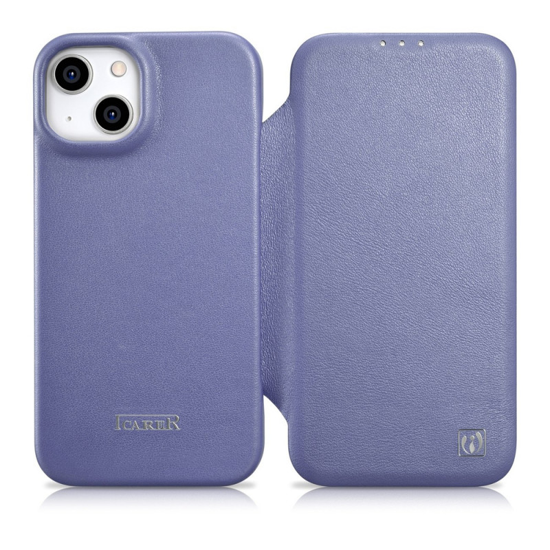 iCarer CE Premium Leather Folio Case kožené knižkové puzdro pre Apple iPhone 14 Plus / 15 Plus, MagSafe, svetlofialové (ICR413)