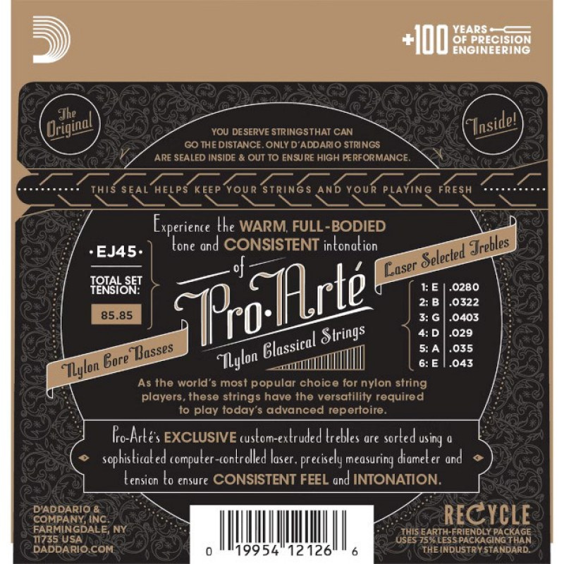 D'Addario EJ45 Pro-Arté nylonové struny pre klasickú gitaru, normálne napätie, 28-43