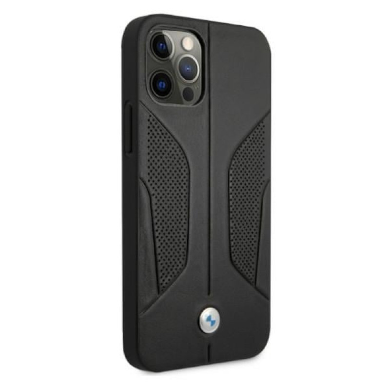 BMW BMHCP12MRSCSK Perforate Sides kožené tvrdé puzdro pre Apple iPhone 12 / 12 Pro, čierne