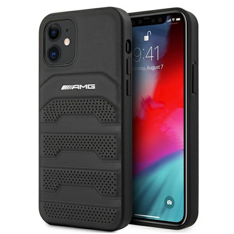 Mercedes-AMG AMHCP12SGSEBK Leather Debossed Lines tvrdé puzdro pre Apple iPhone 12 mini, čierne