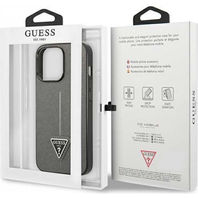 Guess GUHCP13LPSATLG tvrdé puzdro pre Apple iPhone 13 Pro, Saffiano Triangle Logo, strieborné