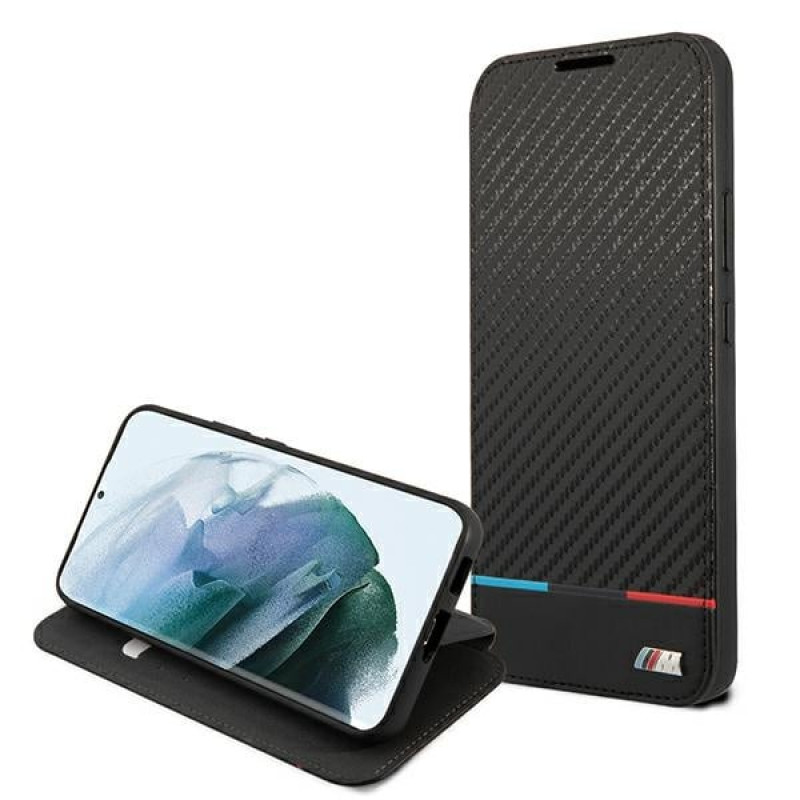 BMW BMBKS22MPUCARTCBK knižkové puzdro pre Samsung Galaxy S22+, M Collection Triangles, čierne