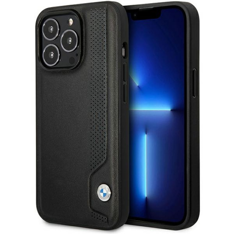 BMW BMHCP14L22RBDK Leather Blue Dots pevné puzdro pre iPhone 14 Pro 6,1", čierne
