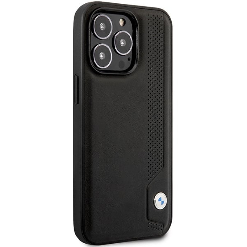 BMW BMHCP14L22RBDK Leather Blue Dots pevné puzdro pre iPhone 14 Pro 6,1", čierne