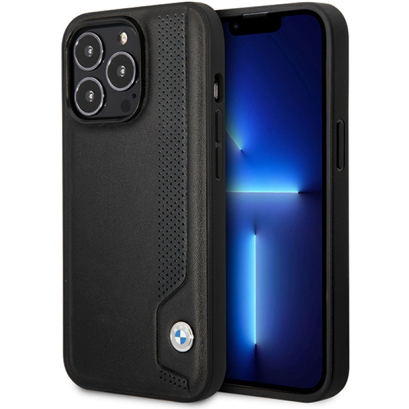 BMW BMHCP14X22RBDK Leather Blue Dots pevné puzdro pre iPhone 14 Pro Max 6,7", čierne