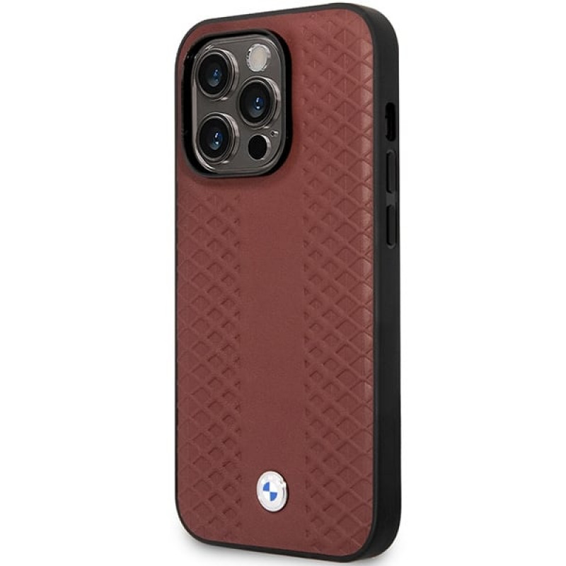 BMW BMHCP14L22RFGR Leather Diamond Pattern pevné puzdro pre iPhone 14 Pro 6,1", bordové
