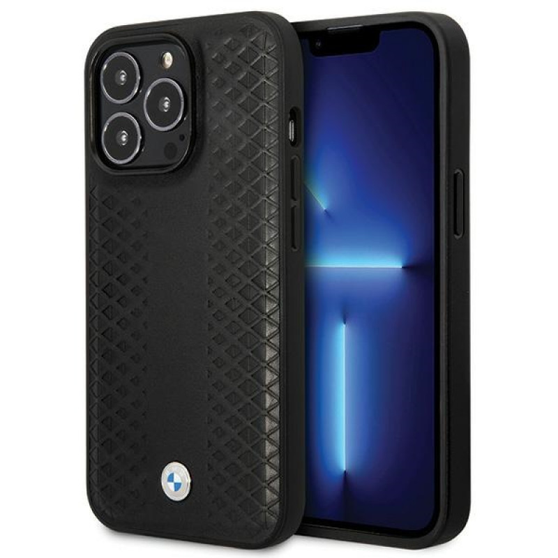 BMW BMHCP14L22RFGK Leather Diamond Pattern pevné puzdro pre iPhone 14 Pro 6,1", čierne