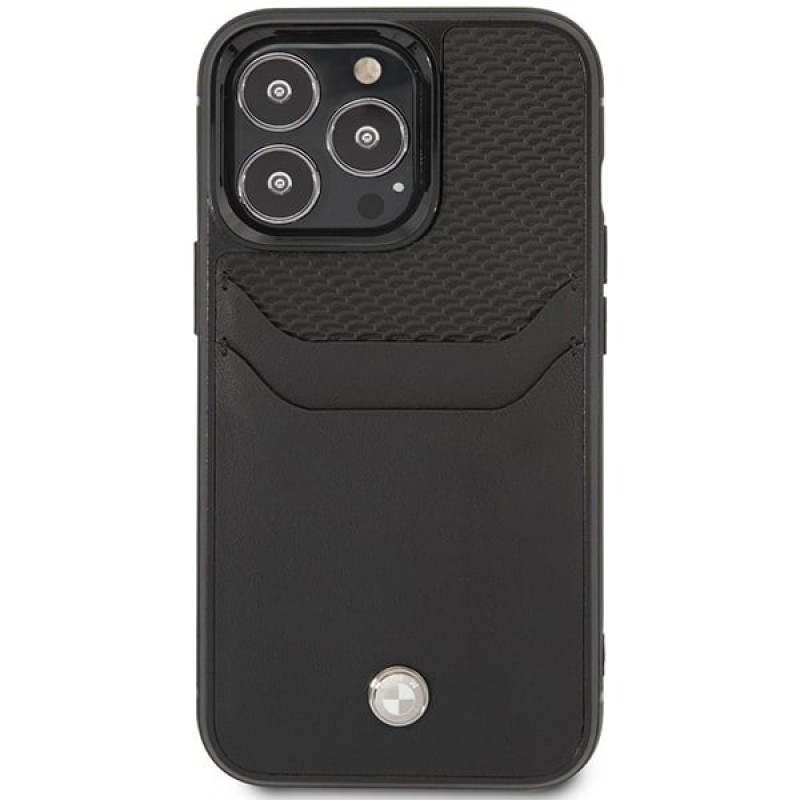 BMW BMHCP14L22RSEPK puzdro pre iPhone 14 Pro, čierne, Leather Card Slot