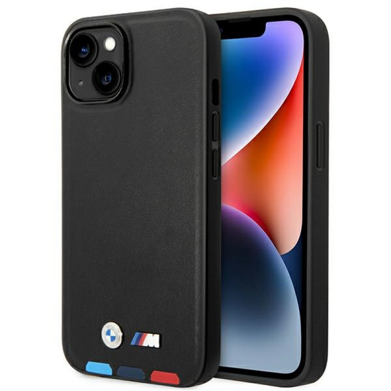 BMW BMHCP14M22PTDK puzdro pre iPhone 14 Plus, čierne, Leather Stamp Tricolor
