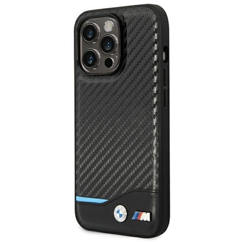 BMW BMHCP14L22NBCK puzdro pre iPhone 14 Pro, čierne, Leather Carbon