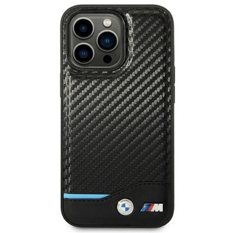 BMW BMHCP14L22NBCK puzdro pre iPhone 14 Pro, čierne, Leather Carbon