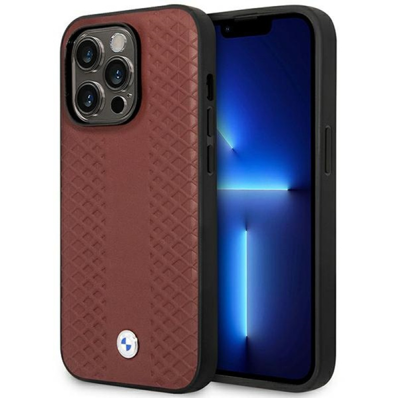BMW BMHMP14L22RFGR Leather Diamond Pattern MagSafe puzdro pre Apple iPhone 14 Pro 6,1″, bordové