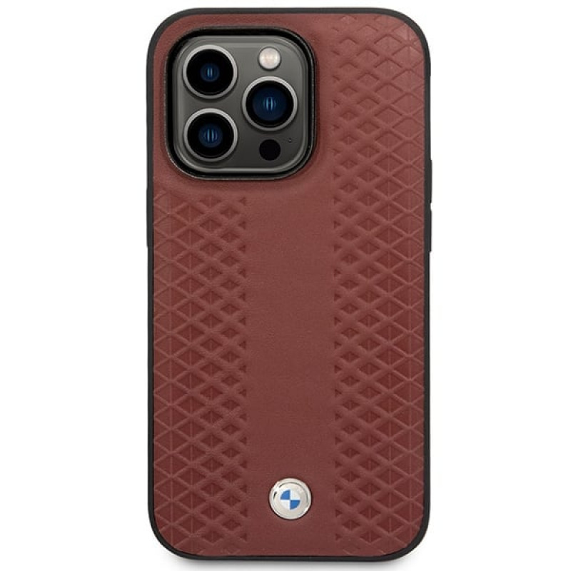 BMW BMHMP14L22RFGR Leather Diamond Pattern MagSafe puzdro pre Apple iPhone 14 Pro 6,1″, bordové