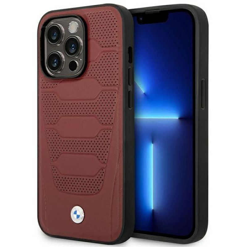 BMW BMHMP14L22RPSR Leather Seats Pattern MagSafe puzdro pre Apple iPhone 14 Pro 6,1″, bordové
