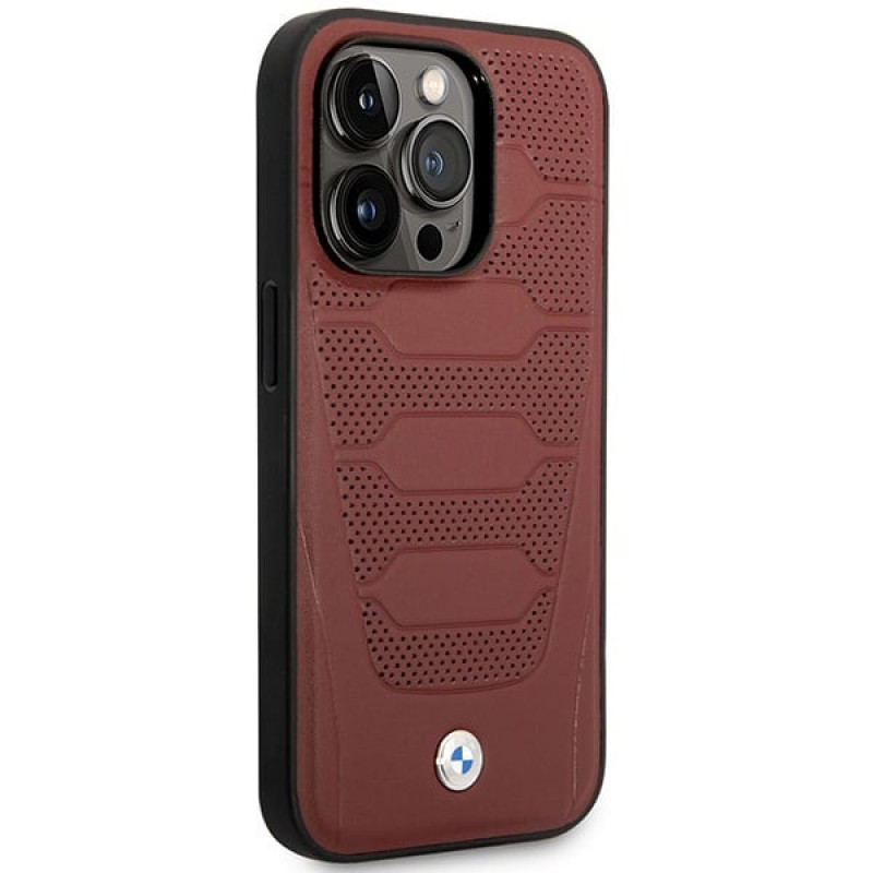 BMW BMHMP14L22RPSR Leather Seats Pattern MagSafe puzdro pre Apple iPhone 14 Pro 6,1″, bordové