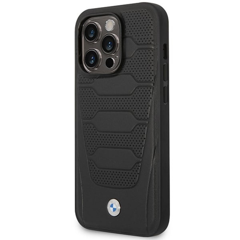 BMW BMHMP14L22RPSK Leather Seats Pattern MagSafe puzdro pre Apple iPhone 14 Pro 6,1″, čierne