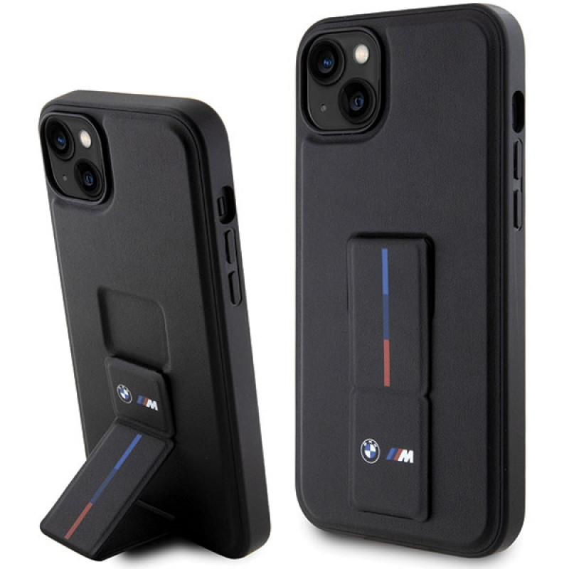 BMW BMHCP14M22GSLK Grip Stand Hot Stamp tvrdé puzdro pre Apple iPhone 14 Plus / 15 Plus, čierne