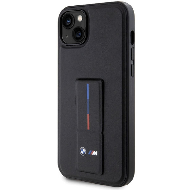 BMW BMHCP14M22GSLK Grip Stand Hot Stamp tvrdé puzdro pre Apple iPhone 14 Plus / 15 Plus, čierne