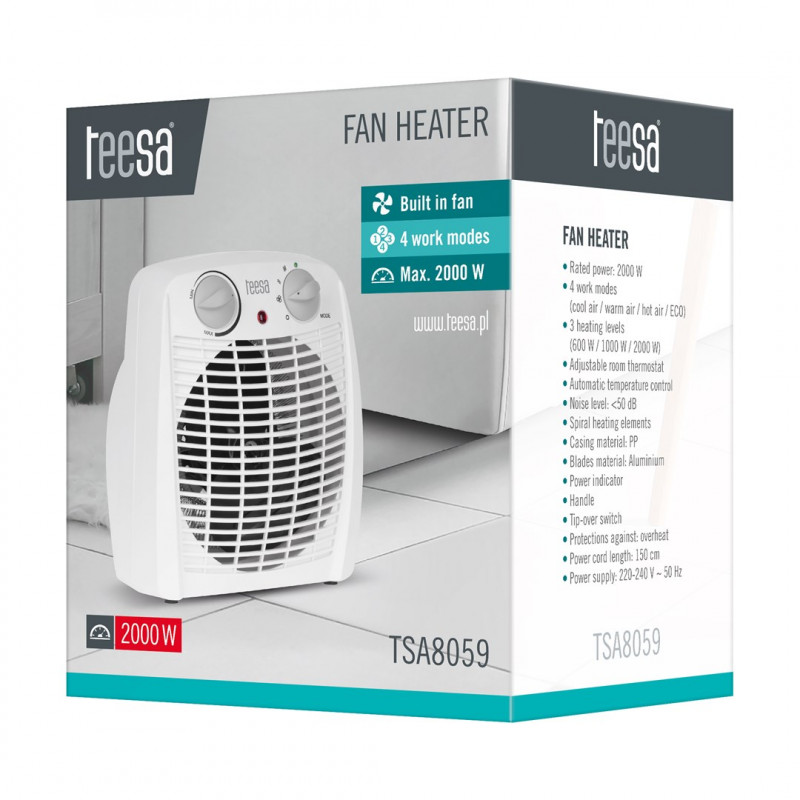 Teesa TSA8059 teplovzdušný ventilátor, 0,8/1,2/2 kW, biely