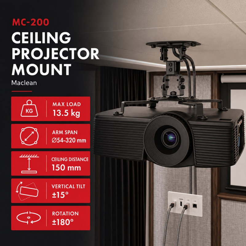 Maclean MC-200 B stropný držiak na projektor, 54–320 mm, do 13,5 kg, čierny