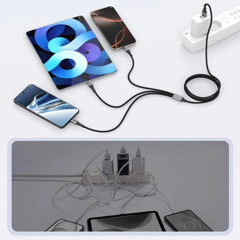 Tech-Protect UltraBoost DNA kábel 3v1 USB-A na Lightning / USB-C / Micro-USB, 3 A, 120 cm, železná sivá