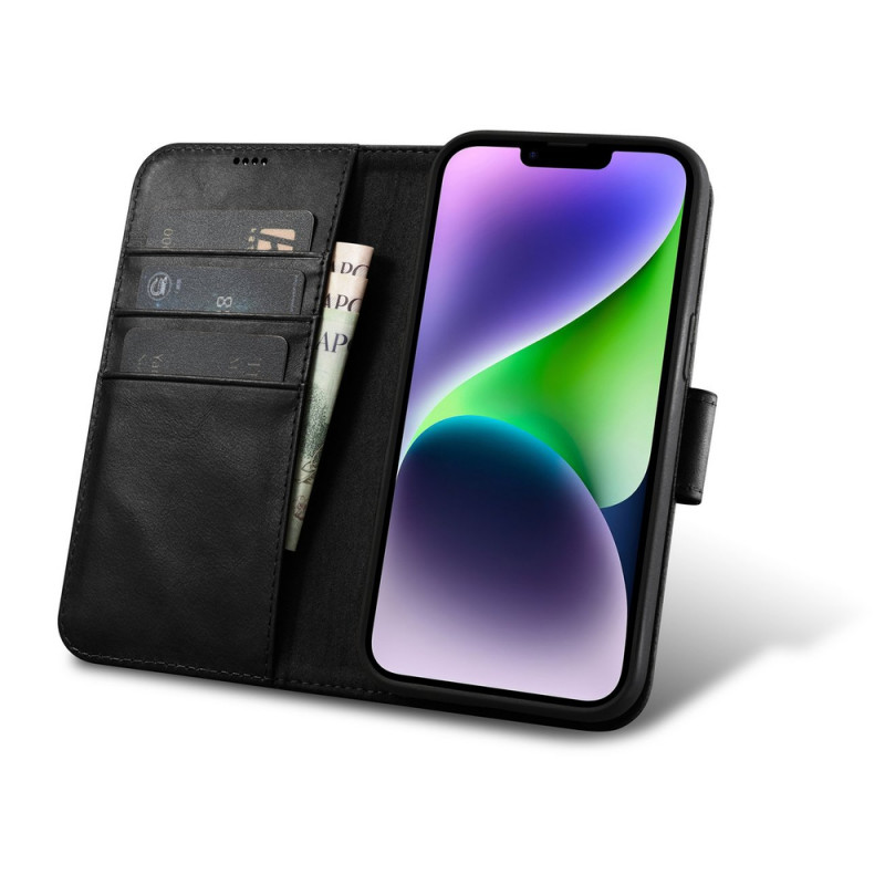 iCarer Oil Wax Wallet Case 2in1 kožené puzdro s klapkou pre iPhone 14 Plus, Anti-RFID, čierne (WMI14220723-BK)