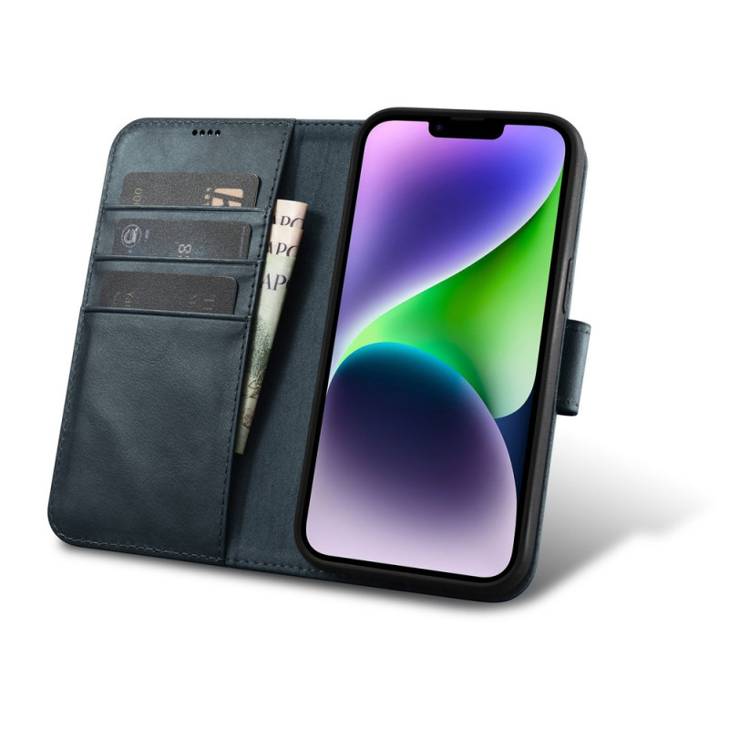 iCarer Oil Wax Wallet Case 2in1 kožené puzdro s klapkou pre iPhone 14 Plus, Anti-RFID, modré (WMI14220723-BU)