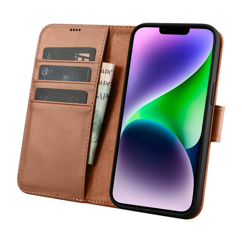 iCarer Wallet Case 2in1 kožené puzdro s klapkou pre iPhone 14 Plus, Anti-RFID, hnedé (WMI14220727-BN)