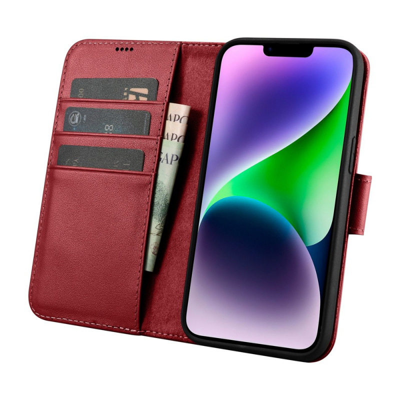 iCarer Wallet Case 2in1 kožené puzdro s klapkou pre iPhone 14 Plus, Anti-RFID, červené (WMI14220727-RD)
