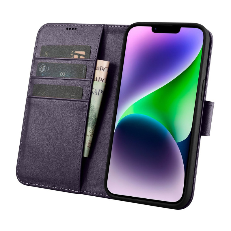 iCarer Wallet Case 2in1 kožené puzdro s klapkou pre iPhone 14 Plus, Anti-RFID, tmavofialové (WMI14220727-DP)