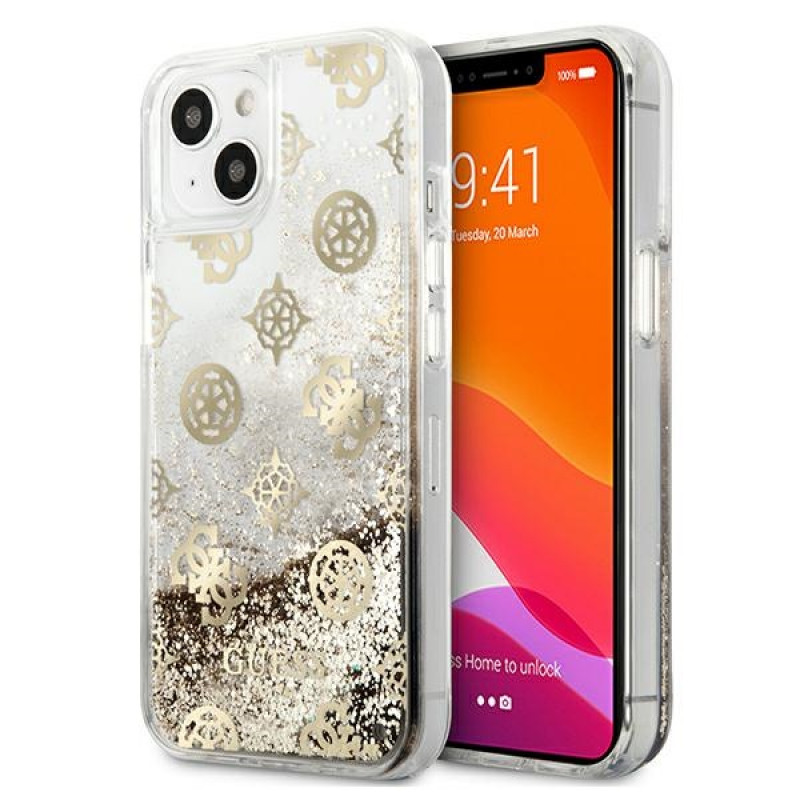 Guess GUHCP13SLGPEGO Apple iPhone 13 mini puzdro Peony Liquid Glitter, zlaté