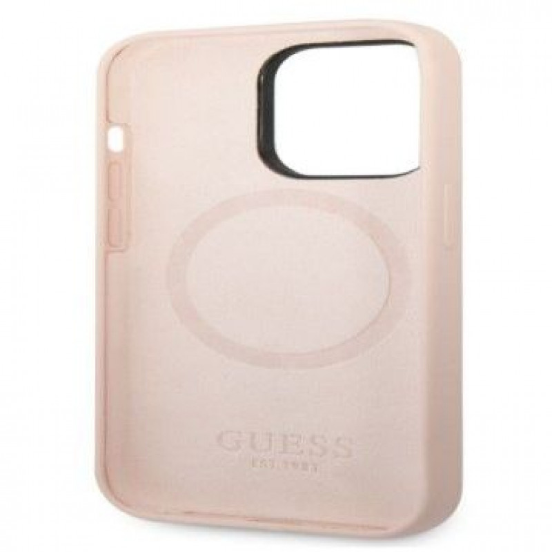 Guess Silikónové puzdro s kovovým logom kompatibilné s MagSafe pre Apple iPhone 14 Pro, ružové