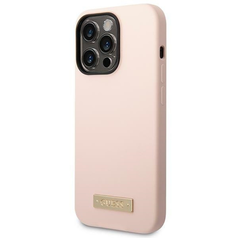 Guess Silikónové puzdro s kovovým logom kompatibilné s MagSafe pre Apple iPhone 14 Pro, ružové