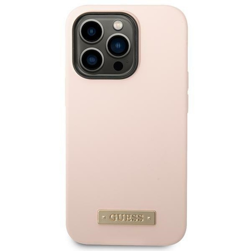 Guess Silikónové puzdro s kovovým logom kompatibilné s MagSafe pre Apple iPhone 14 Pro, ružové