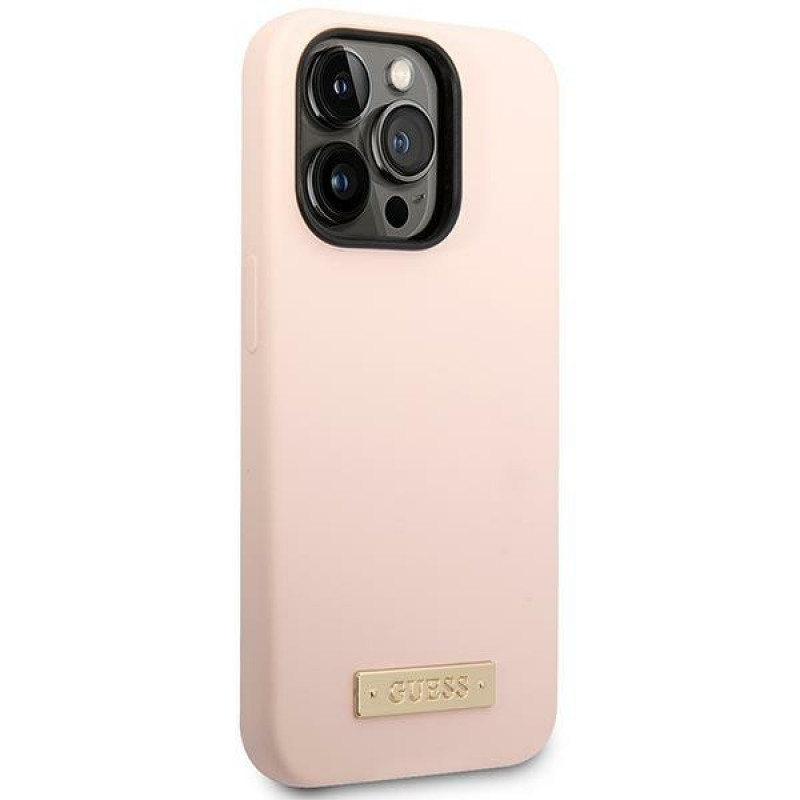 Guess Silikónové puzdro s kovovým logom kompatibilné s MagSafe pre Apple iPhone 14 Pro, ružové