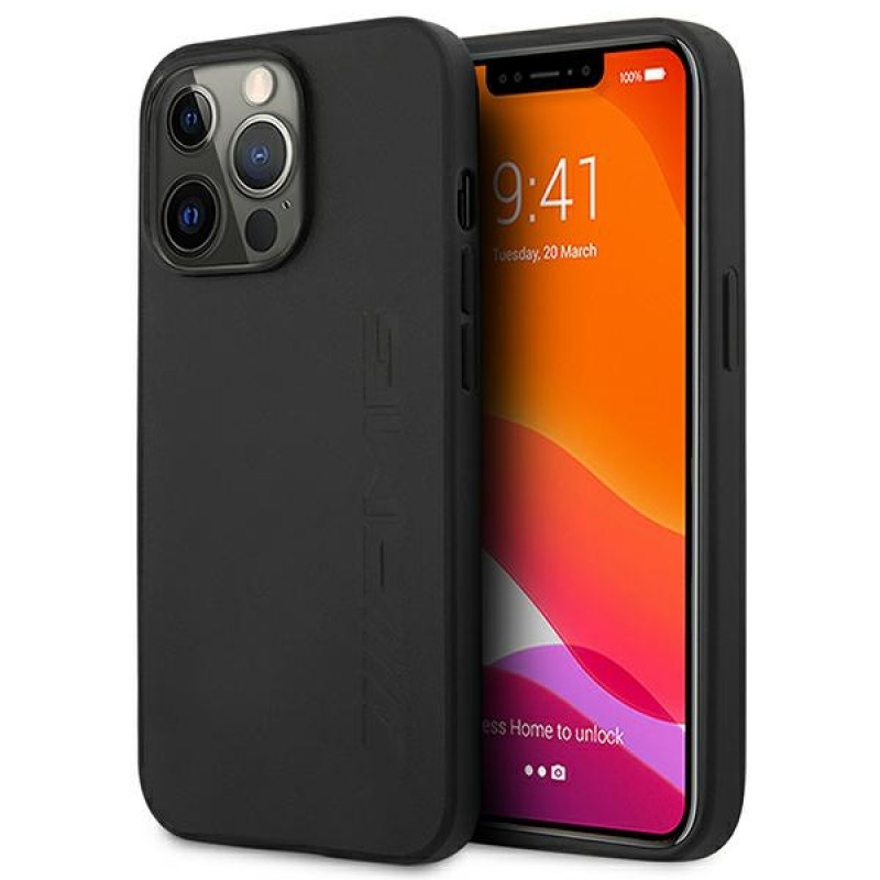 Mercedes-AMG AMHCP14LDOLBK Apple iPhone 14 Pro pevné puzdro, Leather Hot Stamped, čierne