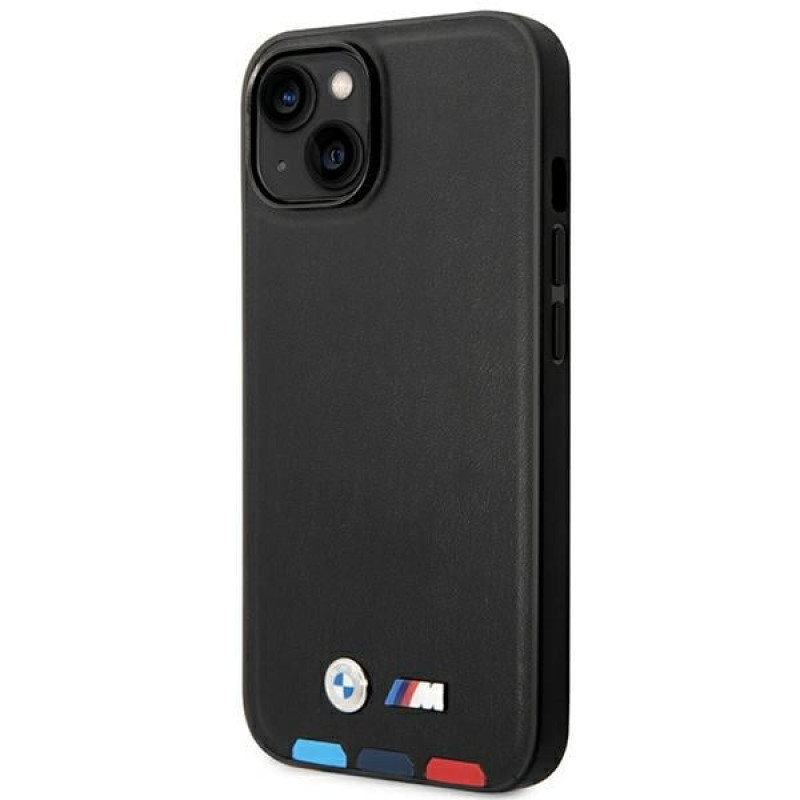 BMW BMHMP14S22PTDK puzdro na Apple iPhone 14, Leather Stamp Tricolor MagSafe, čierne